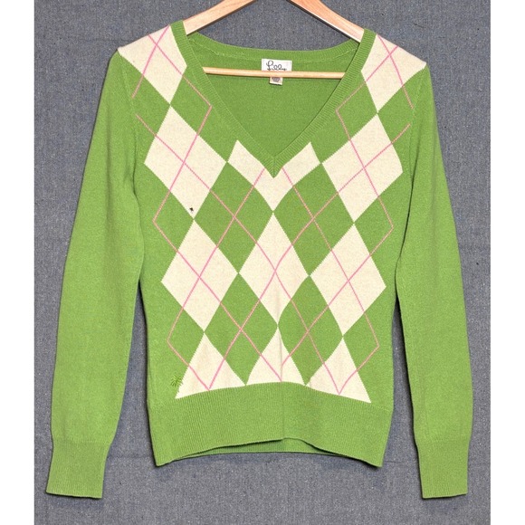Lilly Pulitzer Sweaters - Y2K Lilly Pulitzer‎ Womens 100% Cashmere Argyle V-Neck Sweater Green Pink Small